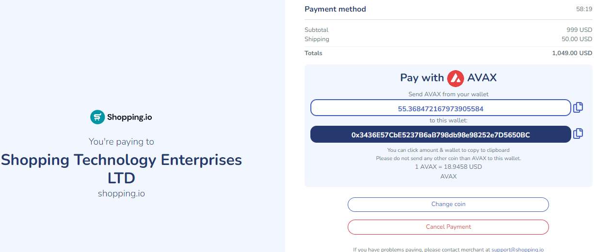 Shopping.io Payment using $AVAX