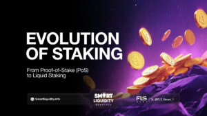 Illustration showing the evolution of staking from Proof-of-Stake (PoS) to liquid staking and restaking in blockchain technology.