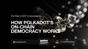 An illustration of Polkadot’s decentralized governance system, showcasing DOT holders voting on referendums.
